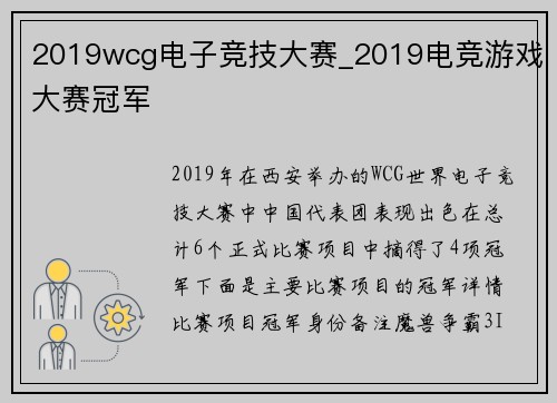 2019wcg电子竞技大赛_2019电竞游戏大赛冠军